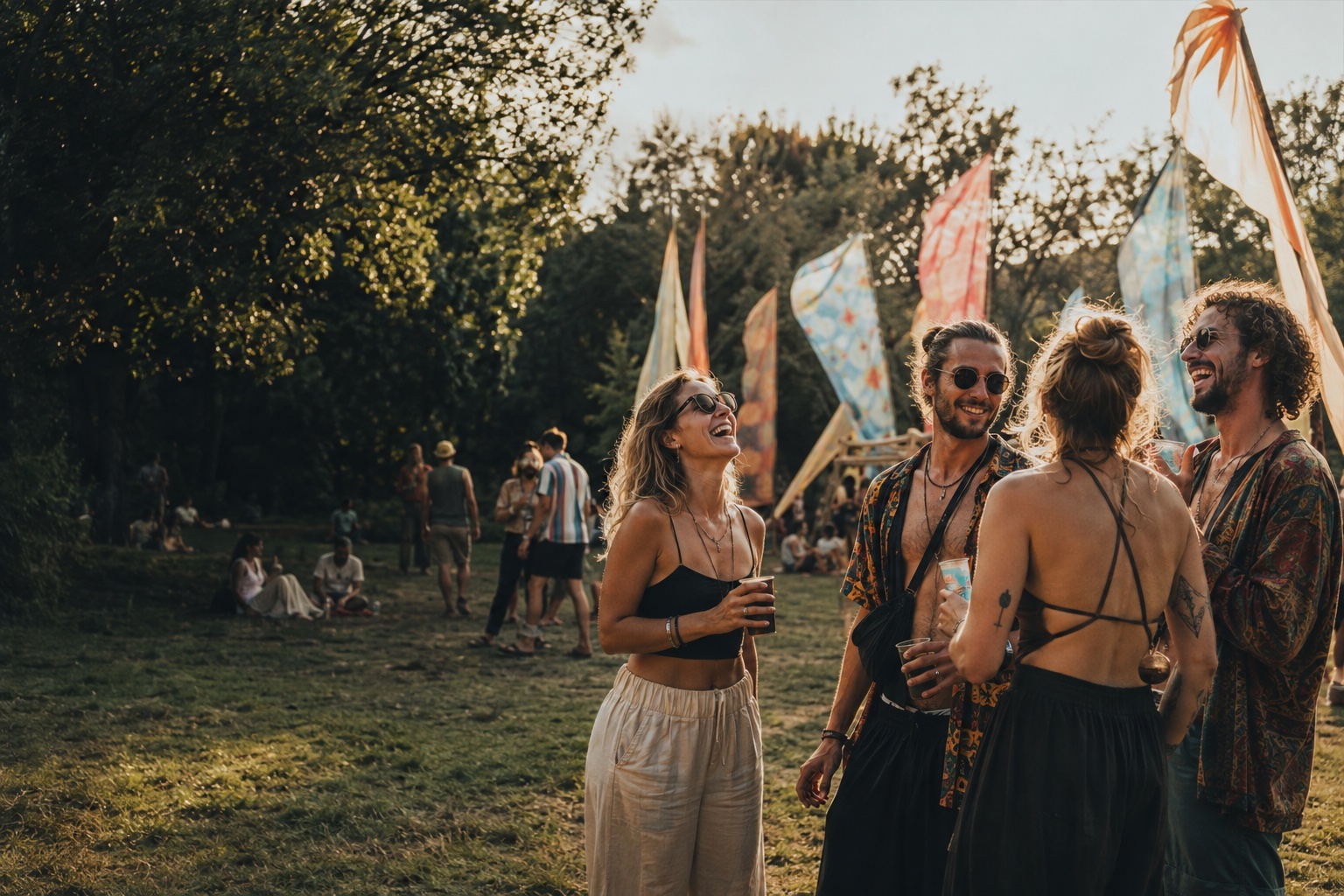 Friends enjoying the golden evening light at an outdoor summer festival